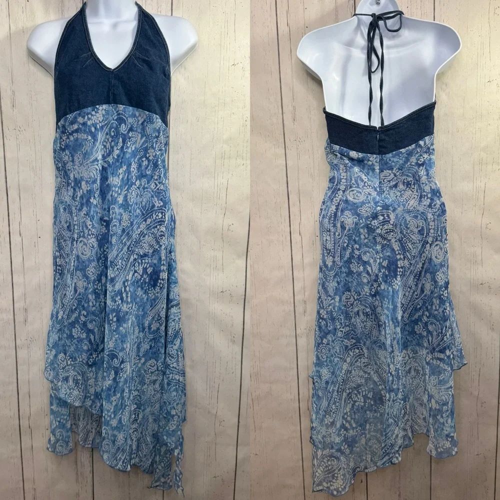 Hot Kiss Denim Halter Dress Blue Paisley Handkerchief Hem Y2K Boho Festival L
